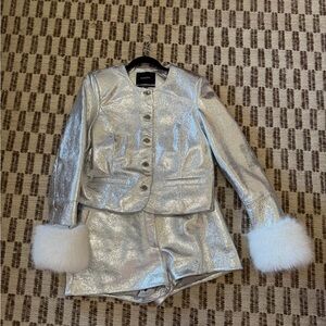 Retrofete Silver Jacket and Shorts with White Fur Cuffs